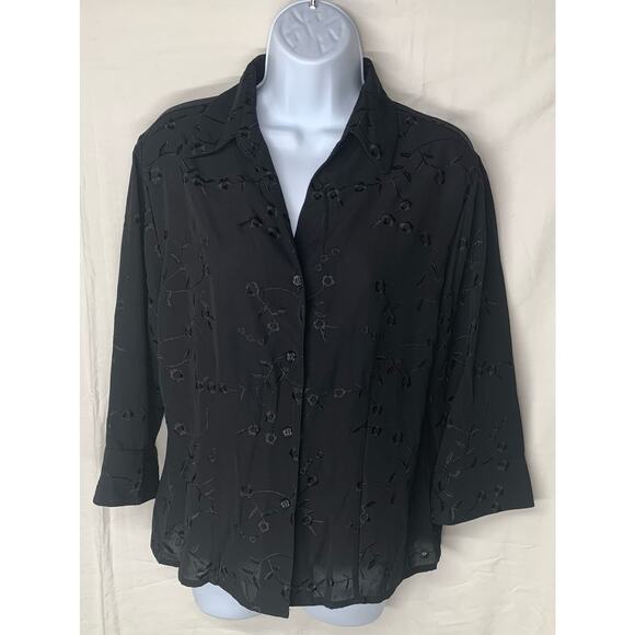 Joanna Blouse Womens Medium Black Button Up Polyester 3/4 Sleeve No Pocket Shirt - Picture 2 of 13